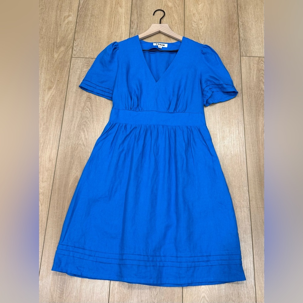 Boden 100% Linen Blue V-Neck Puff Sleeve Dress US 8R - Picture 4 of 11